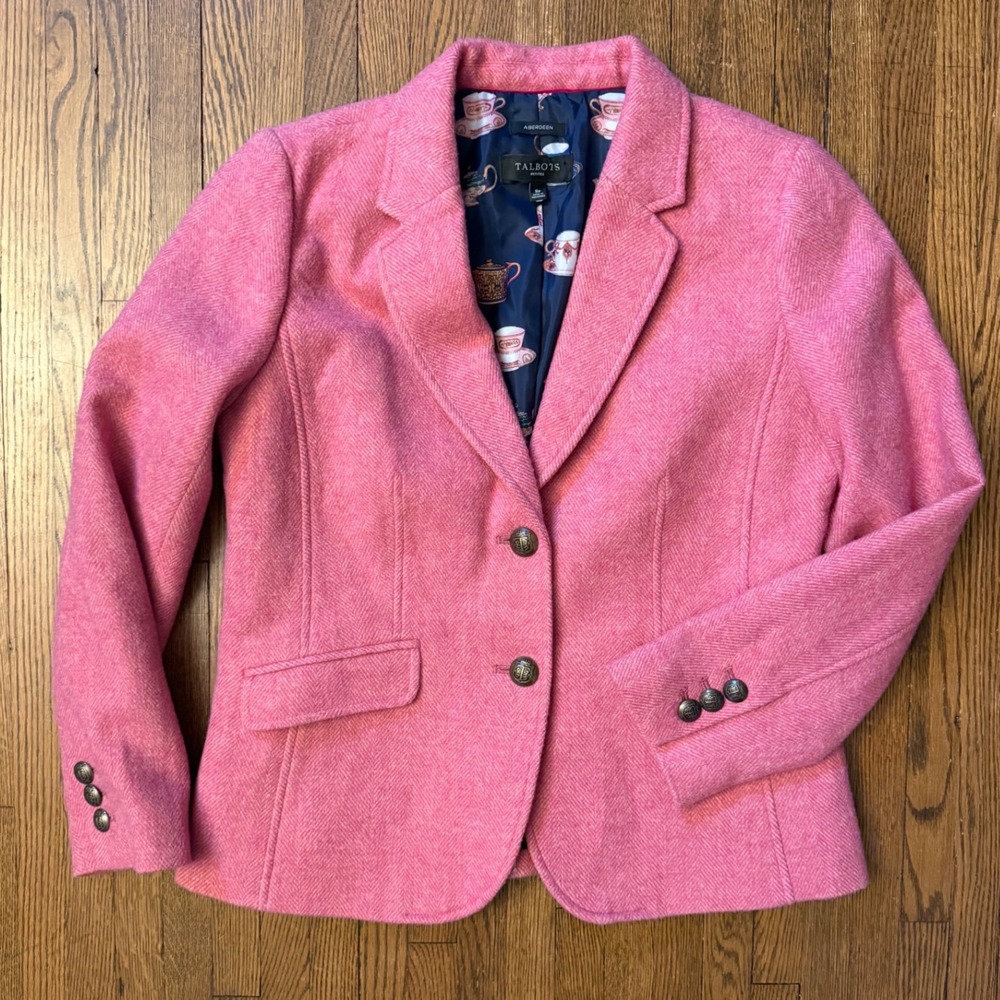 Talbots Aberdeen Pink Wool Herringbone Blazer Teacup Lining Womens 8P Petite